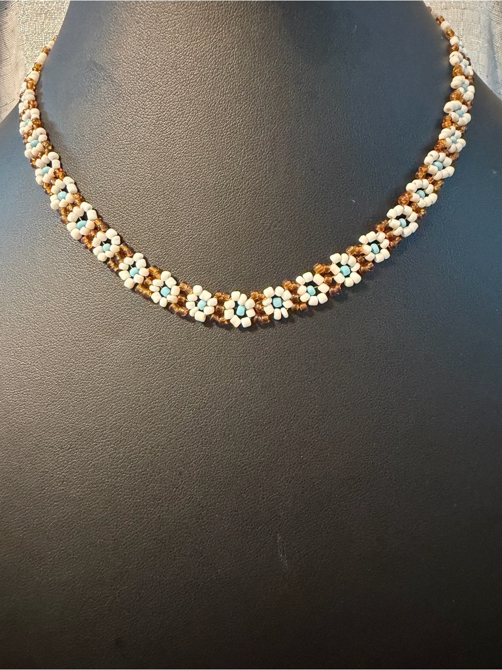Handmade Beaded Flower Choker Necklace - White, Brown & Turquoise